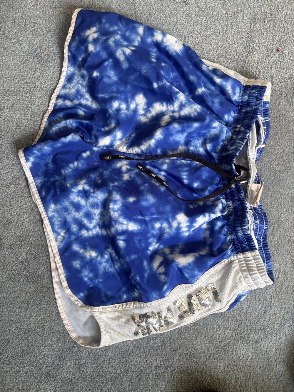 PINK Victoria's Secret Blue Tie-Dye Mesh-Trim Athletic Shorts